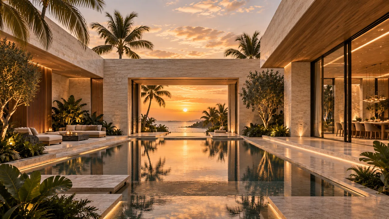 Modern courtyard architecture at sunset