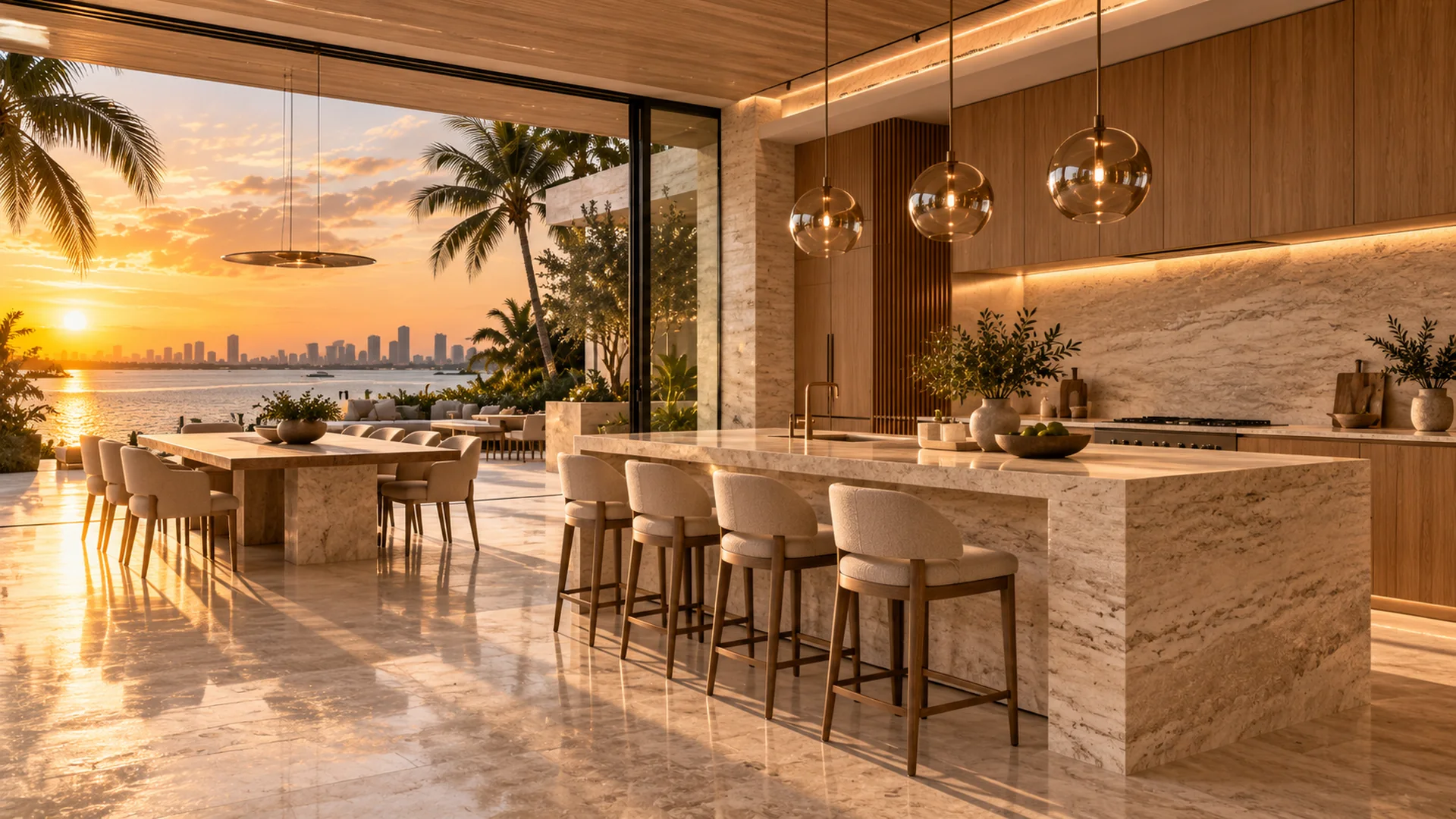 Warm contemporary interior overlooking the water